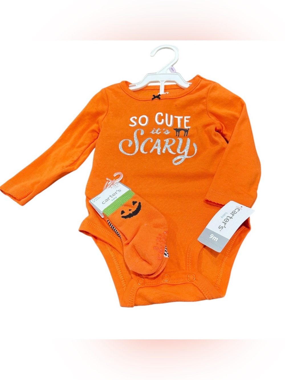 Carter's Orange 'So Cute It's Scary' Halloween One-Piece with Pumpkin Socks 9 mo